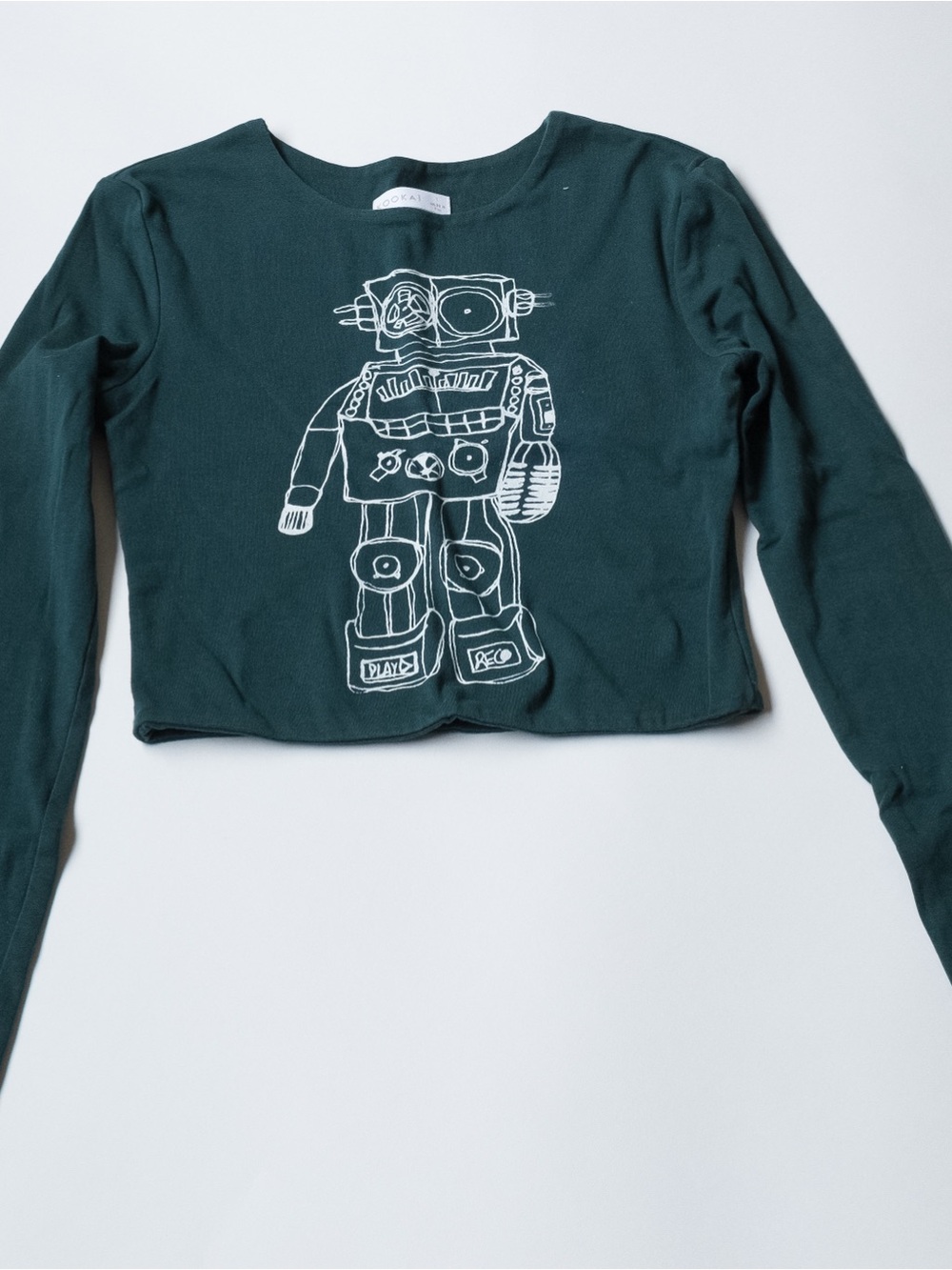 Kookai Dark Teal Cropped Long-Sleeve Top with White Robot Graphic